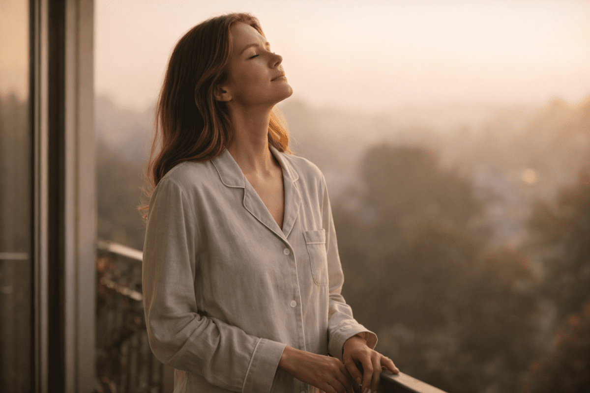 Woman standing on balcony in early morning, eyes closed, inner critic goes quiet, soft golden light, peaceful