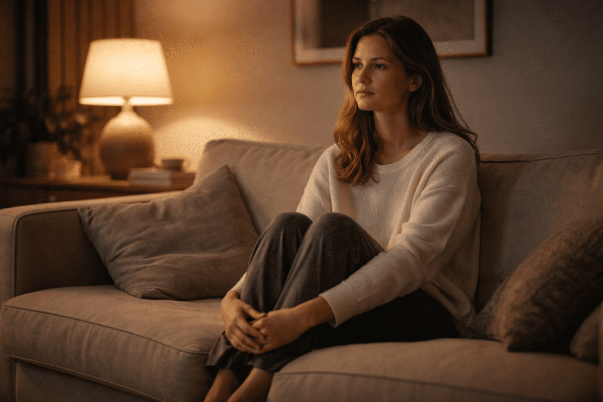Woman sitting alone on couch at night, inner critic goes quiet, soft lamp light, calm and still