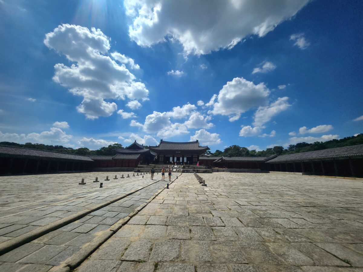 Changdeokgung Palace Injeongjeon courtyard, inner critic goes quiet, wide open space under blue sky, Seoul