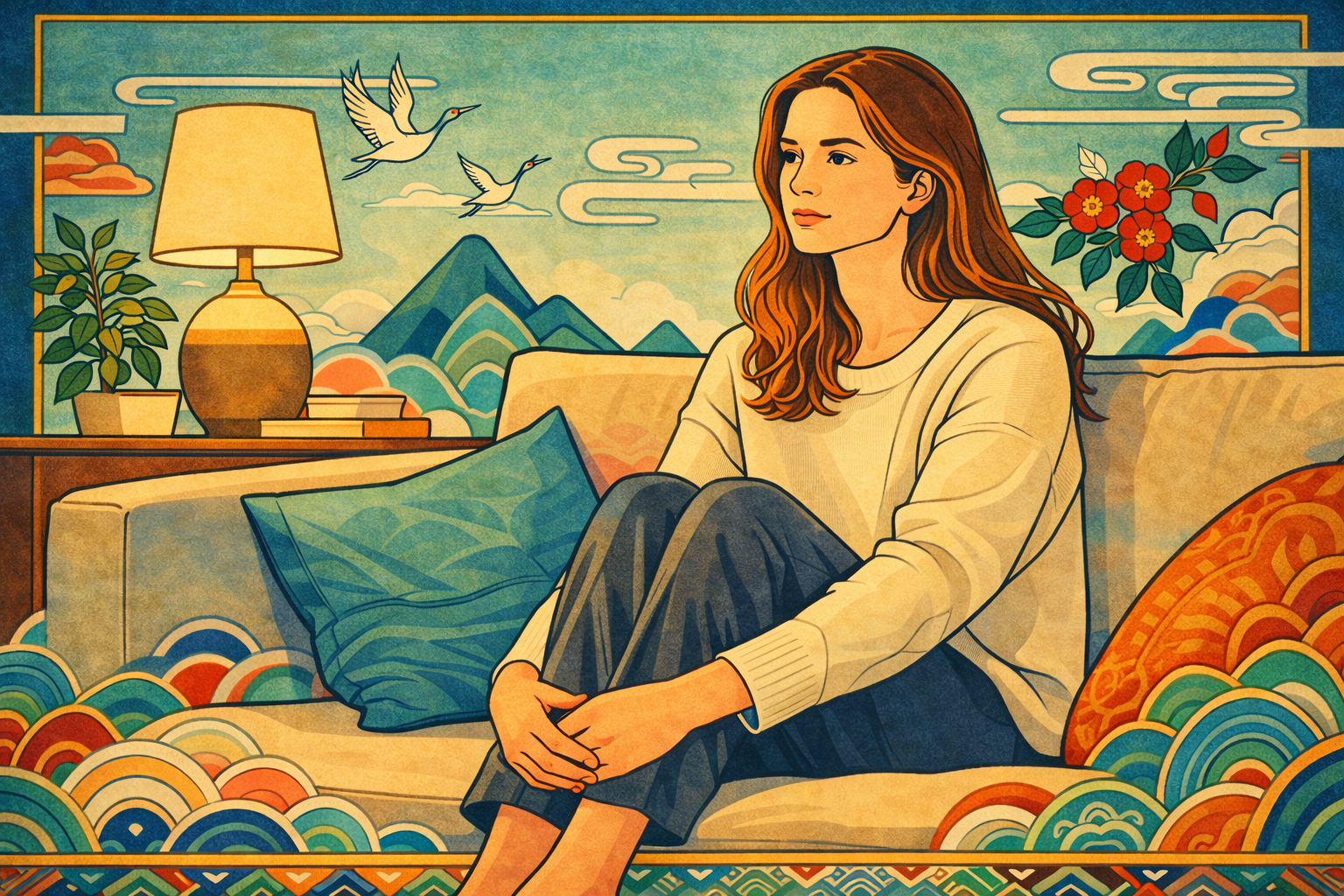 Korean minhwa illustration of woman sitting alone on couch at night, inner critic goes quiet, traditional Korean patterns in background
