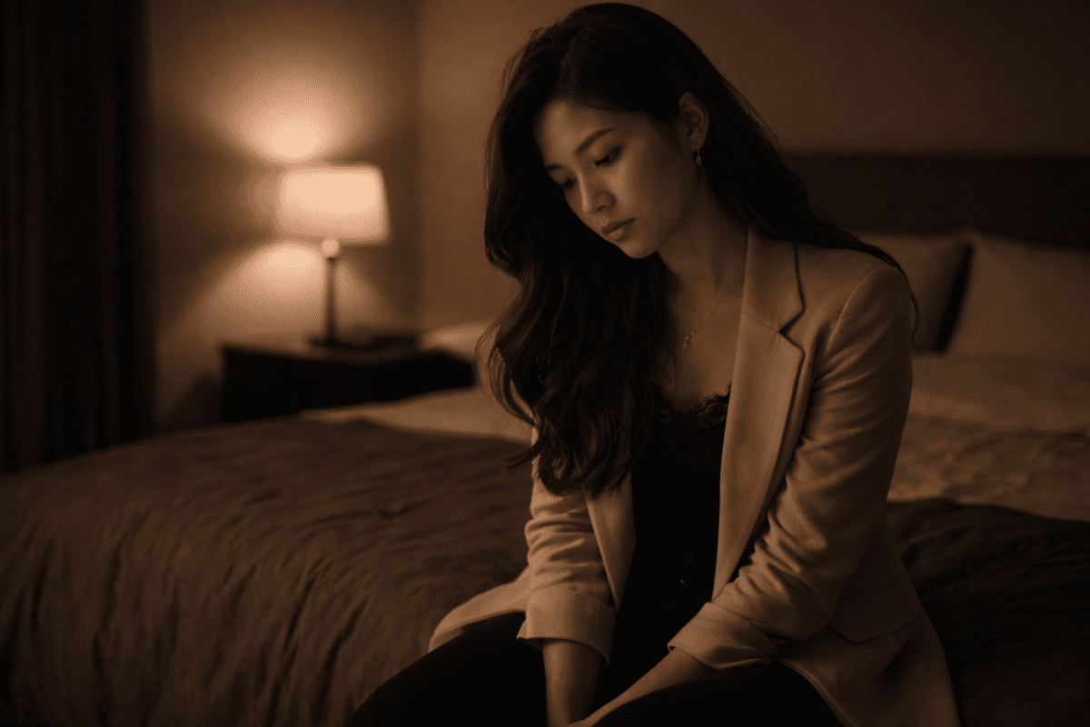 Woman sitting alone on bed at night — the inner critical voice replaying the evening