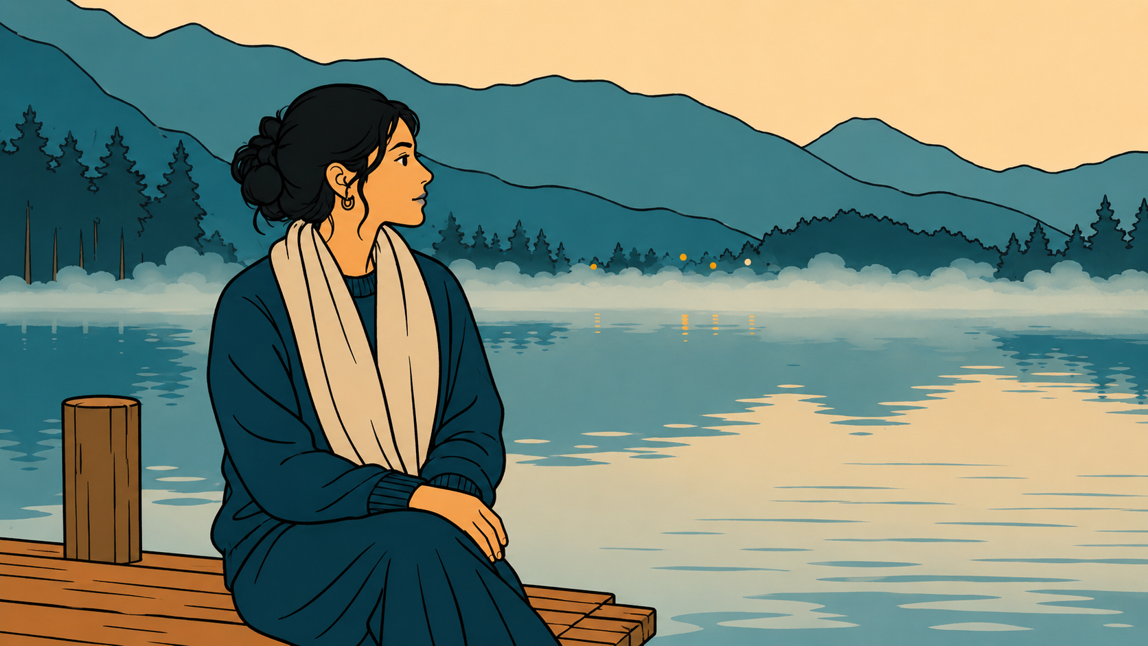 Water element K-Saju — woman standing at the edge of a still winter sea facing snow-capped mountains