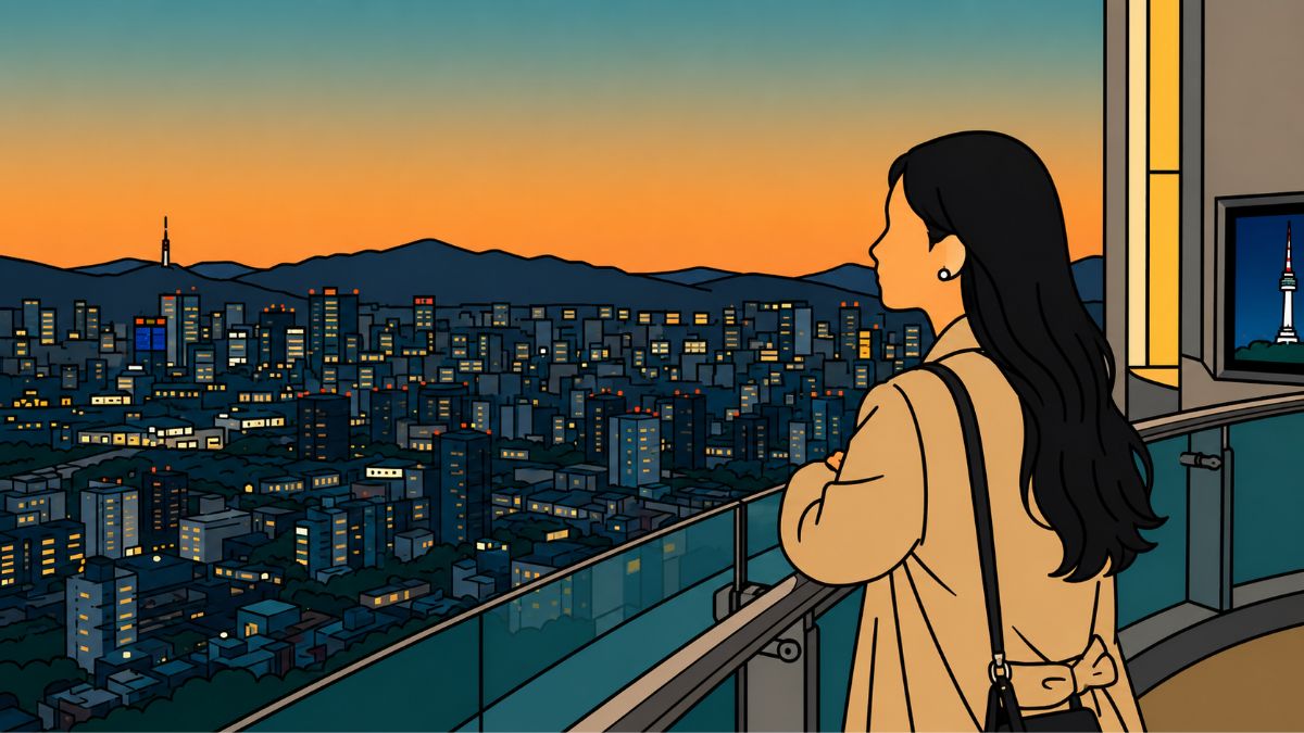 western astrology vs K-Saju — Korean woman Seoul city view at sunset, modern minhwa style thumbnail