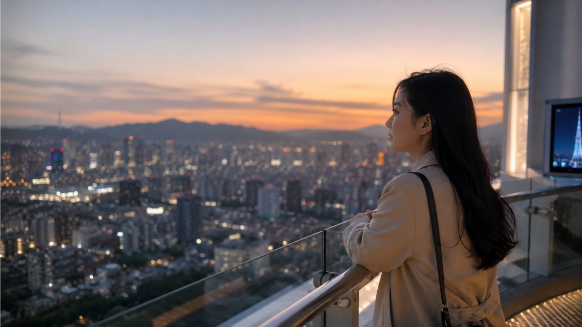 western astrology vs K-Saju — Korean woman at Seoul observation deck overlooking city at dusk, two systems two questions