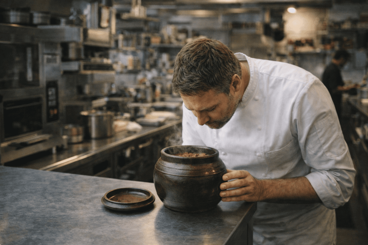 Korean jang philosophy reaches Western kitchens — chef leaning over a steaming earthenware jar of doenjang in a professional kitchen