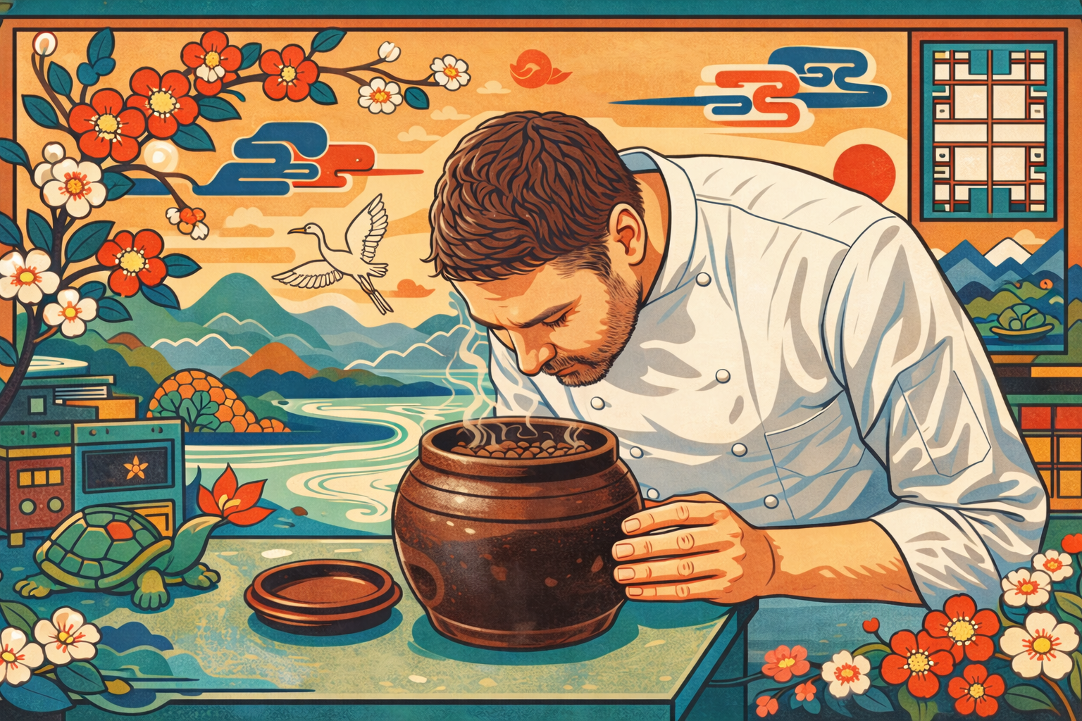 Korean jang philosophy goes global — illustrated Western chef smelling a steaming doenjang jar in Korean folk art style
