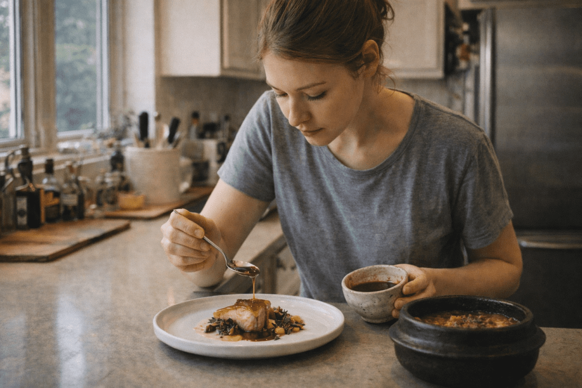 Korean jang philosophy in a Western kitchen — woman drizzling jang-based sauce over a plated dish with a stone pot beside her