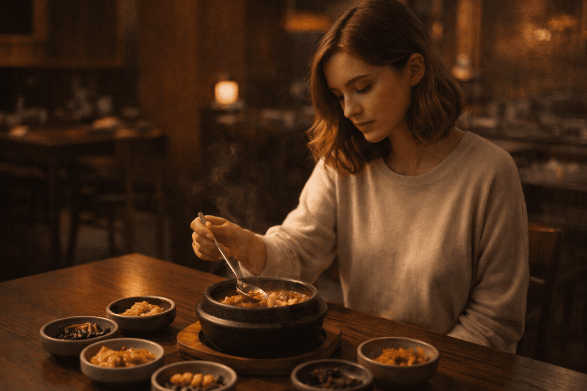 Steam rising from a stone pot of doenjang jjigae as a woman takes her first spoon