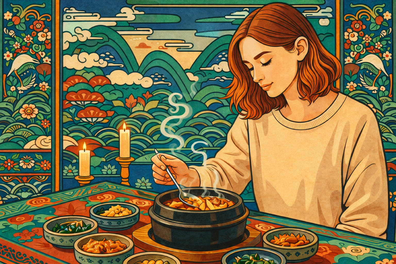 Korean jang fermentation flavors — illustrated woman tasting steaming doenjang jjigae with banchan, Korean folk art background