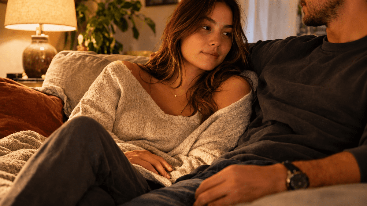 Woman sitting with man on couch not pulling away — what happens when you stop pulling away