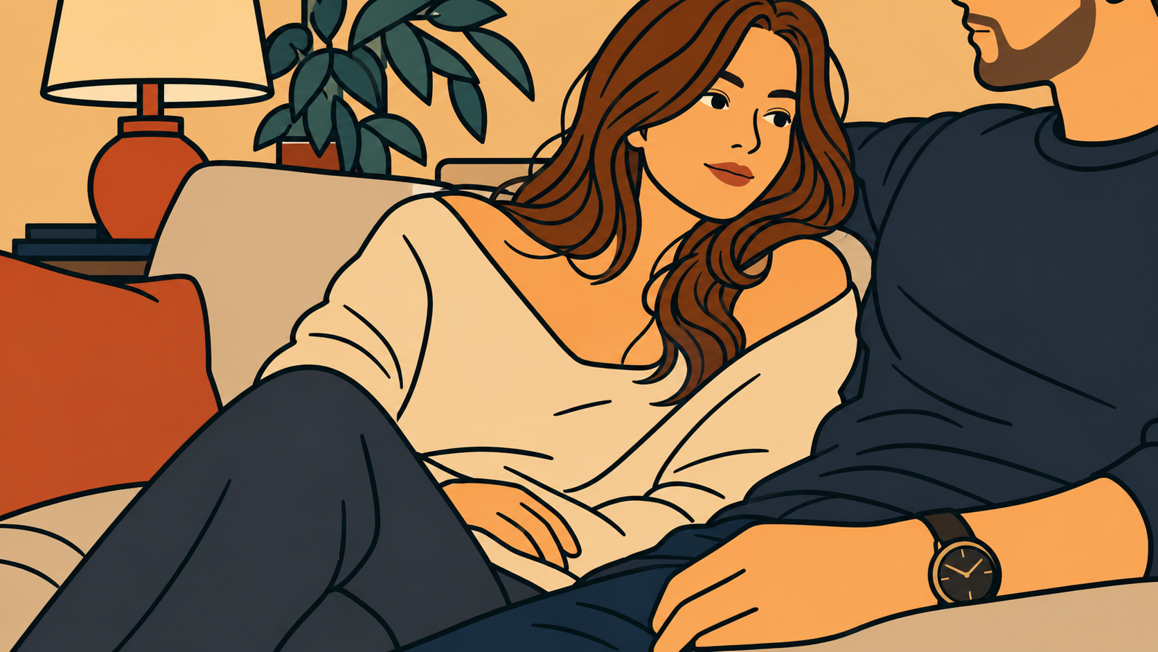 Woman sitting with man on couch staying present — what happens when you stop pulling away