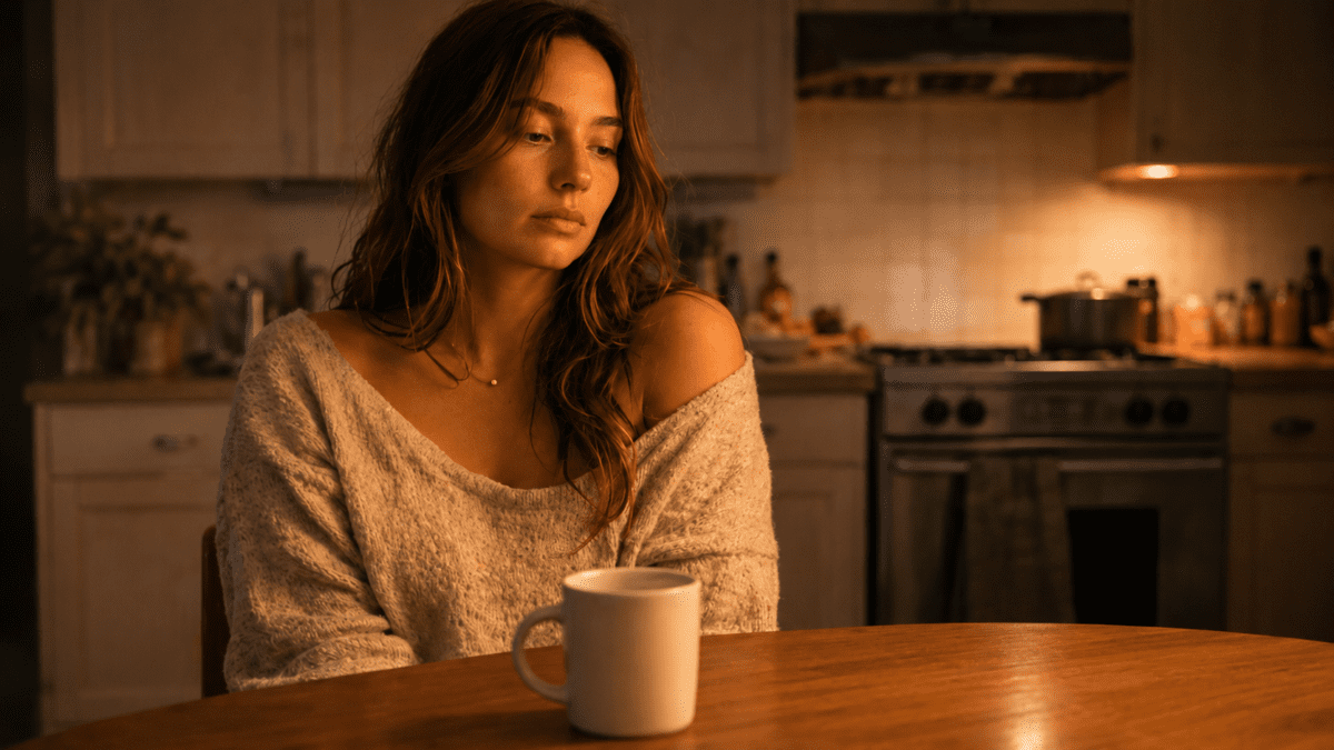 Woman sitting alone at kitchen table at night with mug — what happens when you stop pulling away harder first