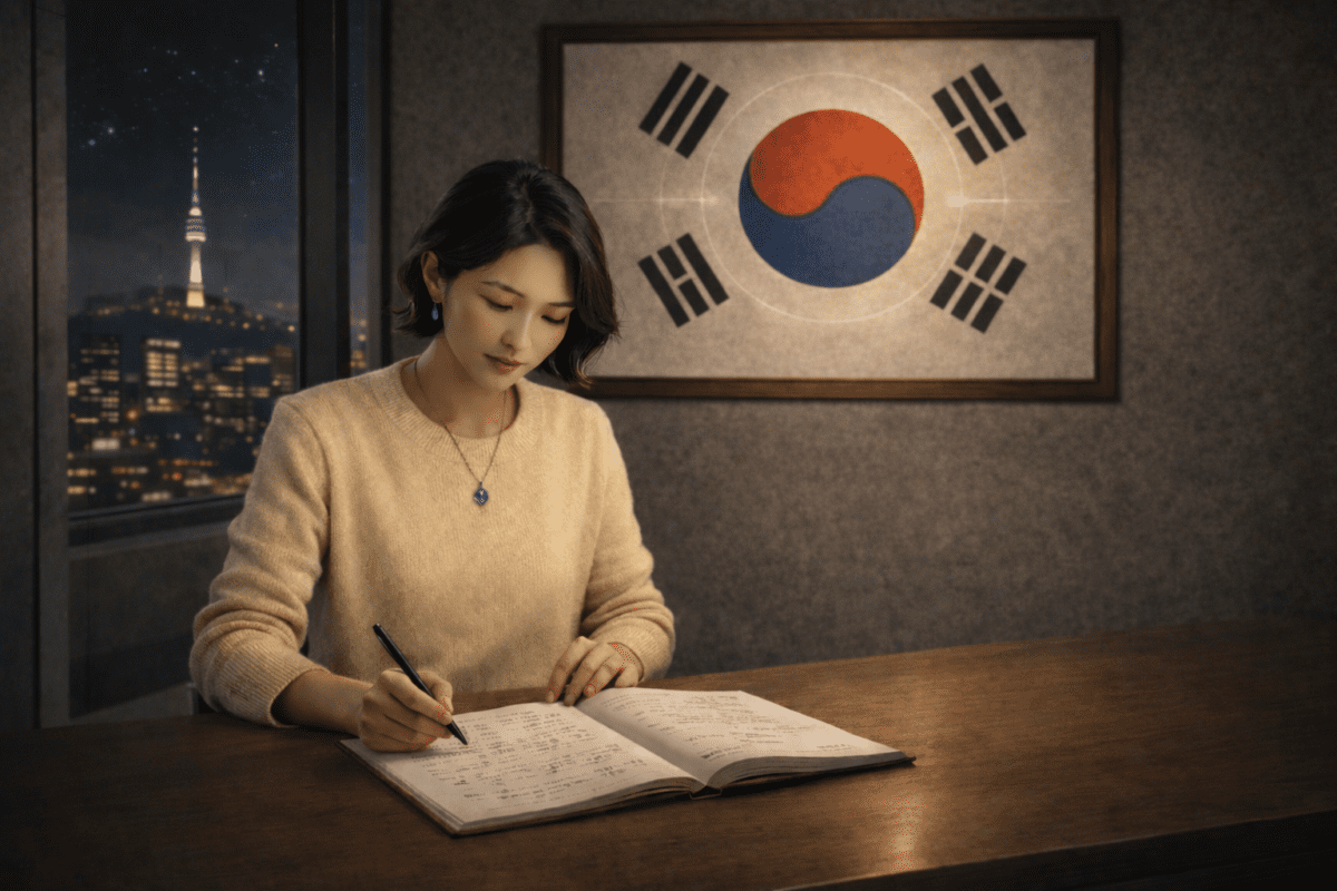 korean timing system — woman studying K-Saju charts at night with Taegeukgi and Seoul skyline