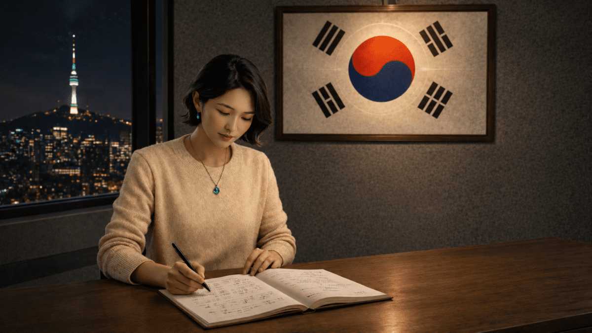 korean timing system K-Saju — woman studying K-Saju charts at night with Taegeukgi and Seoul skyline