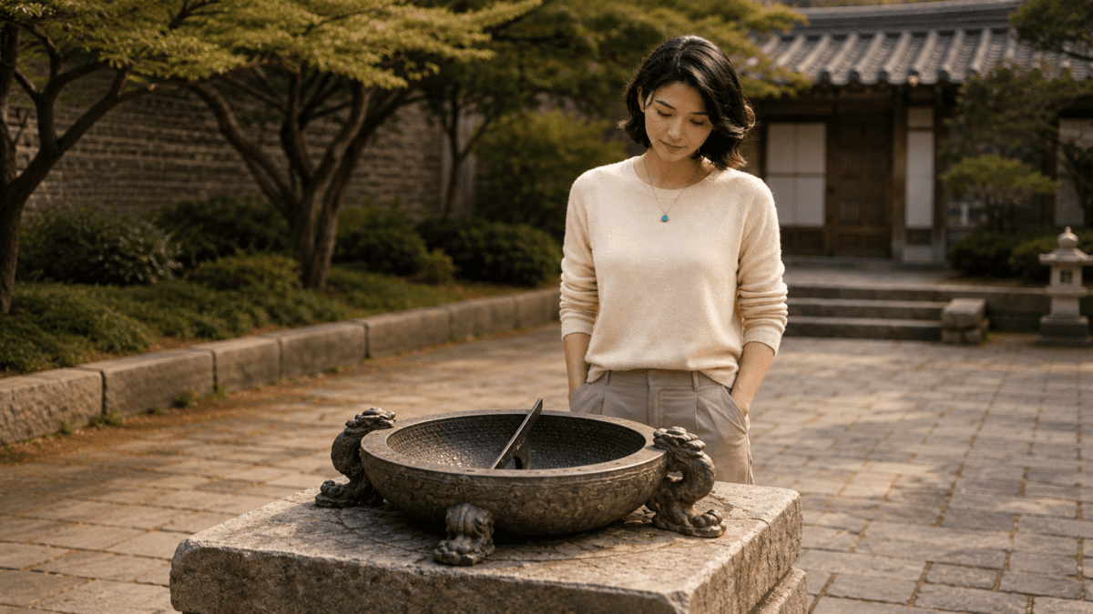 Five Phases K-Saju — Korean woman standing before Angbuilgu sundial in Hanok courtyard, photorealistic style