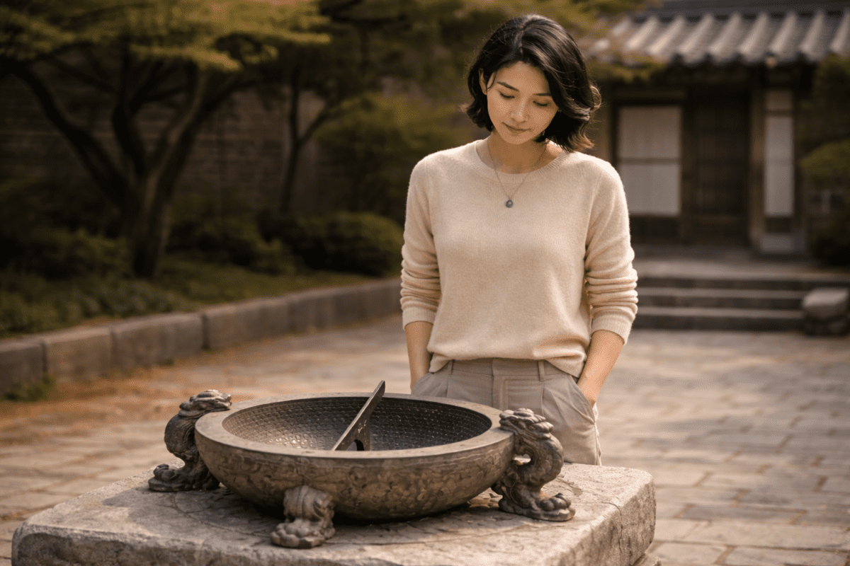 Five Phases K-Saju — Korean woman standing before Angbuilgu sundial in Hanok courtyard, photorealistic style