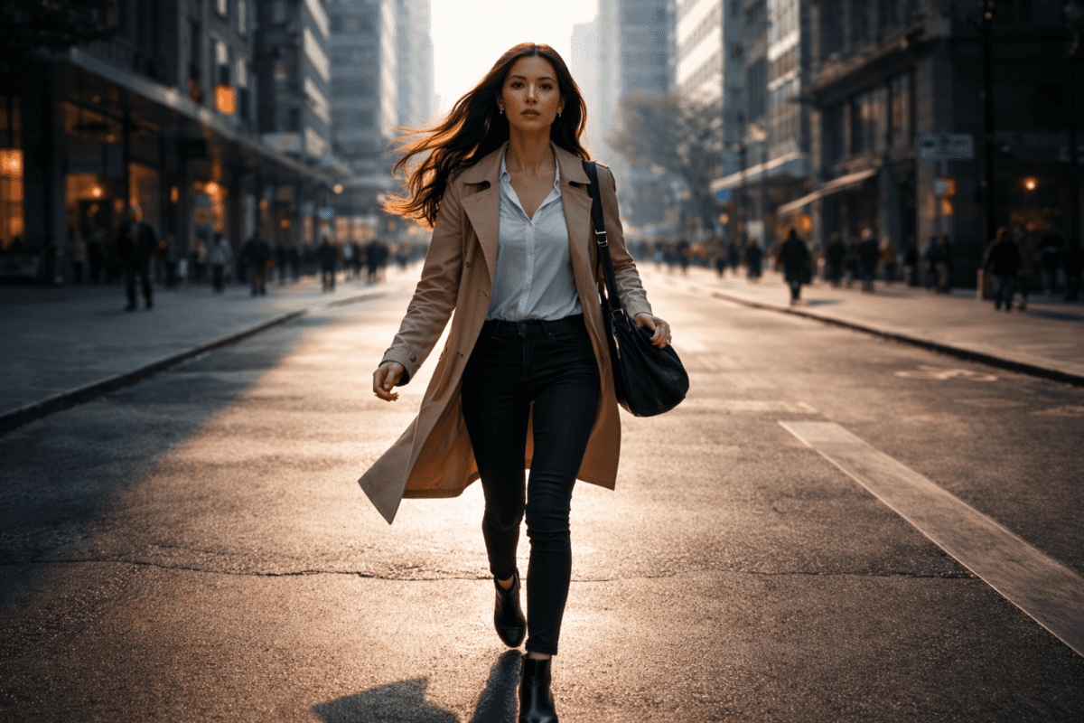 when hard work stops working - A confident woman walking on a sunlit city street.