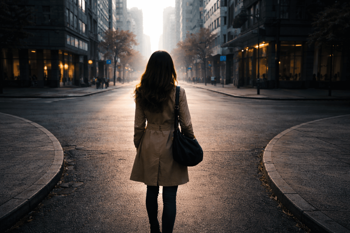 When Hard Work Stops Working - Woman standing at a crossroads on a sunlit city street