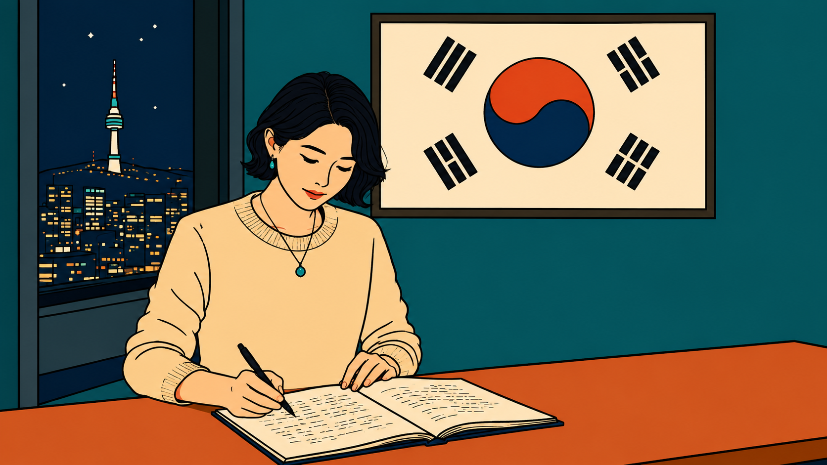 Korean Timing System K-Saju — Korean woman writing at night with Taegeukgi on the wall and Seoul skyline visible through window, illustrated style