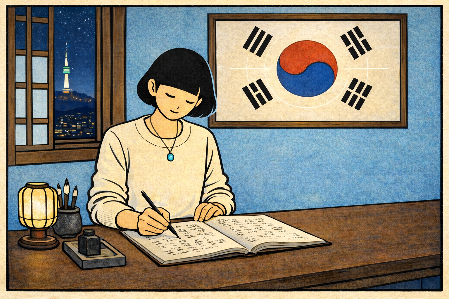 Korean Timing System K-Saju — Korean woman writing at night with Taegeukgi on the wall and Seoul skyline visible through window, illustrated style
