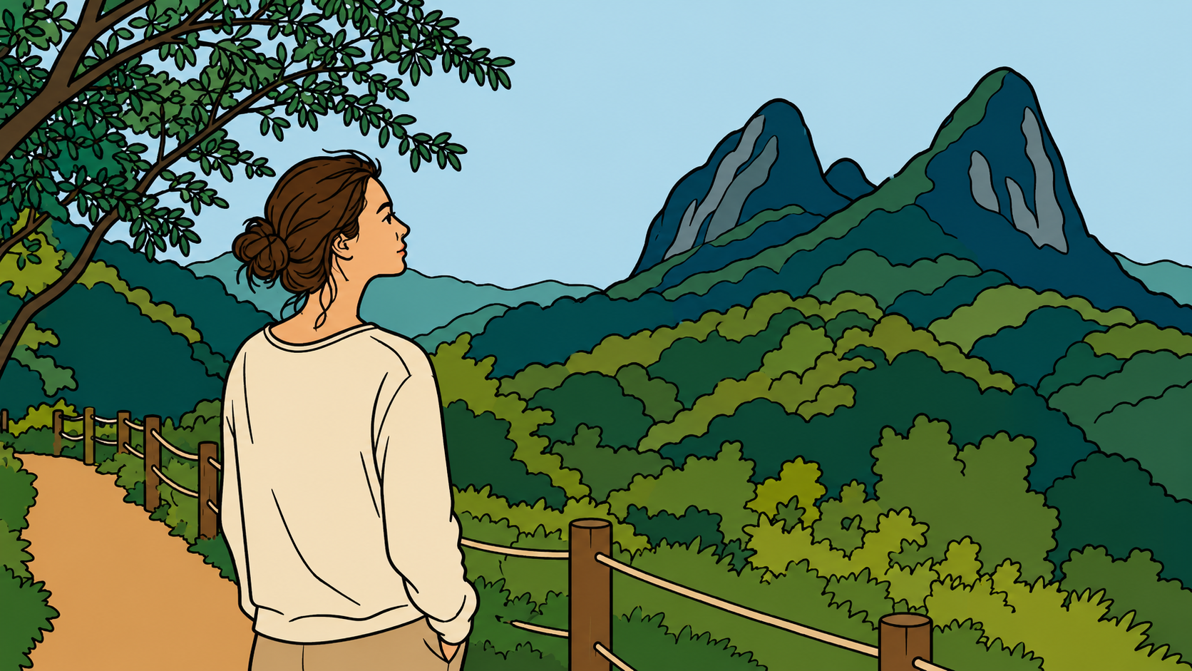when the inner critic goes quiet — illustrated woman standing on mountain trail, looking out at the peaks ahead, thumbnail