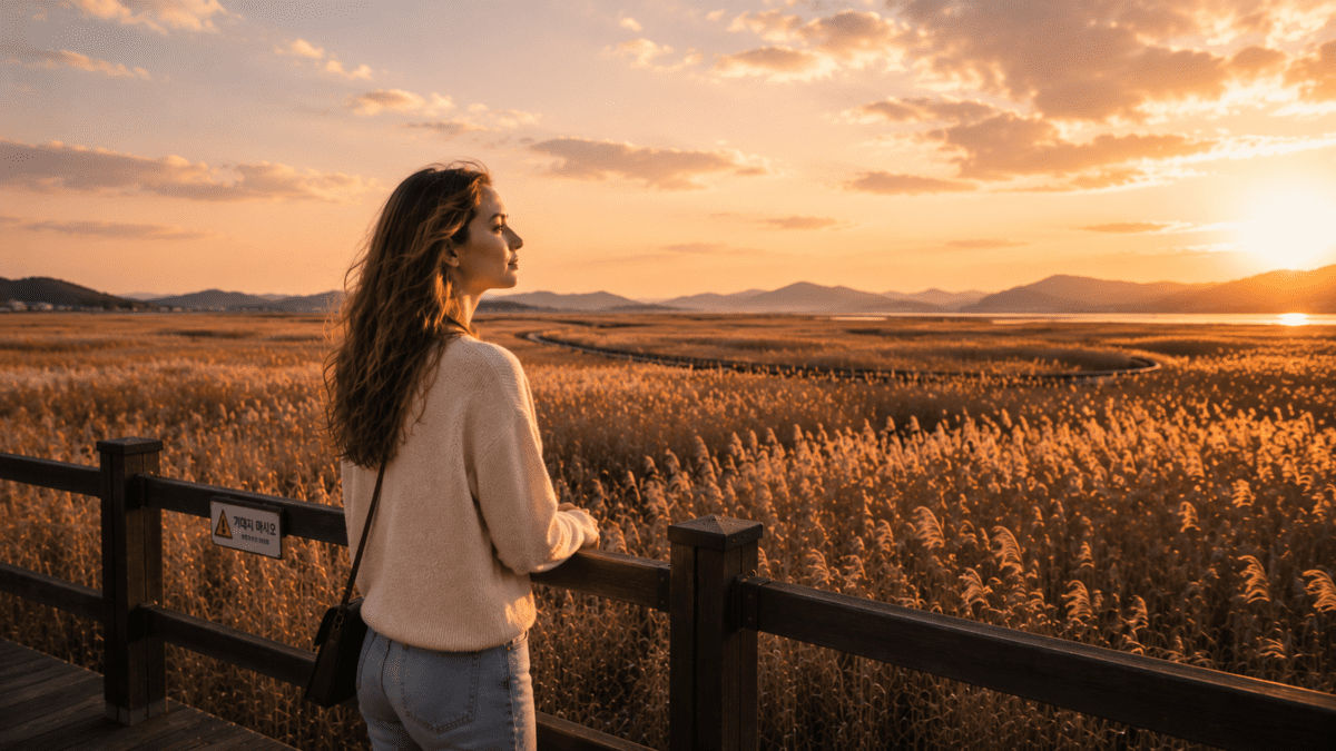 when the inner critic goes quiet — woman standing at golden reed field at sunset, attention finally open.
