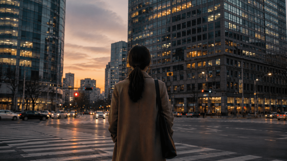 When Hard Work Stops Working - Woman standing at a crossroads on a sunlit city street
