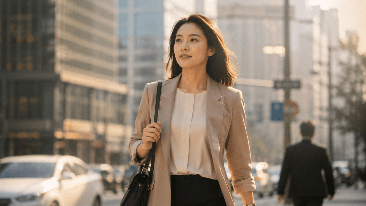 when hard work stops working - A confident woman walking on a sunlit city street.