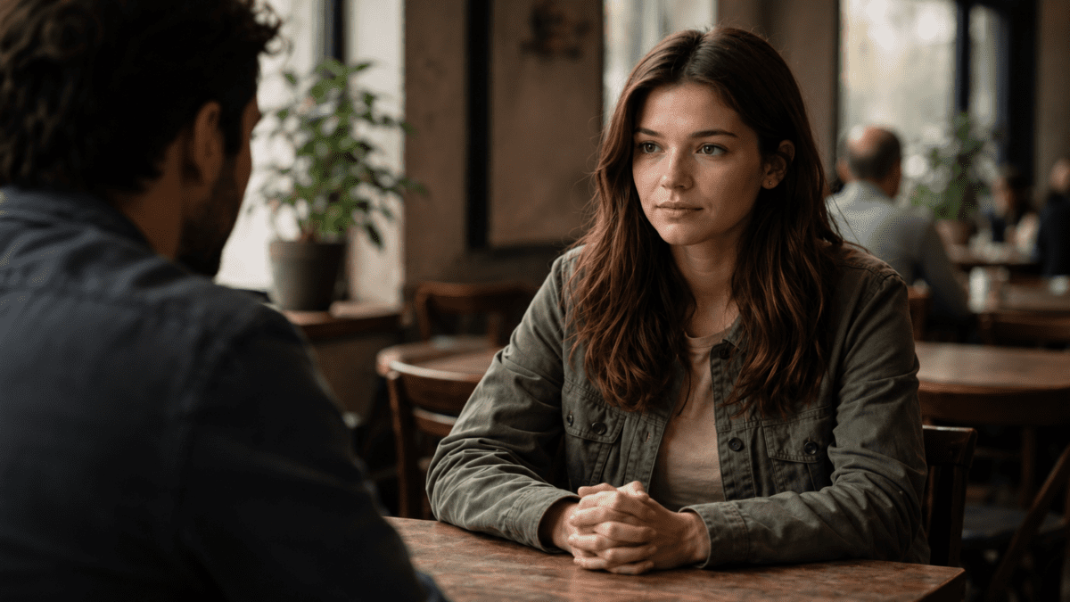 Woman sitting at café table with hands clasped facing man — when pulling away is the right choice situations