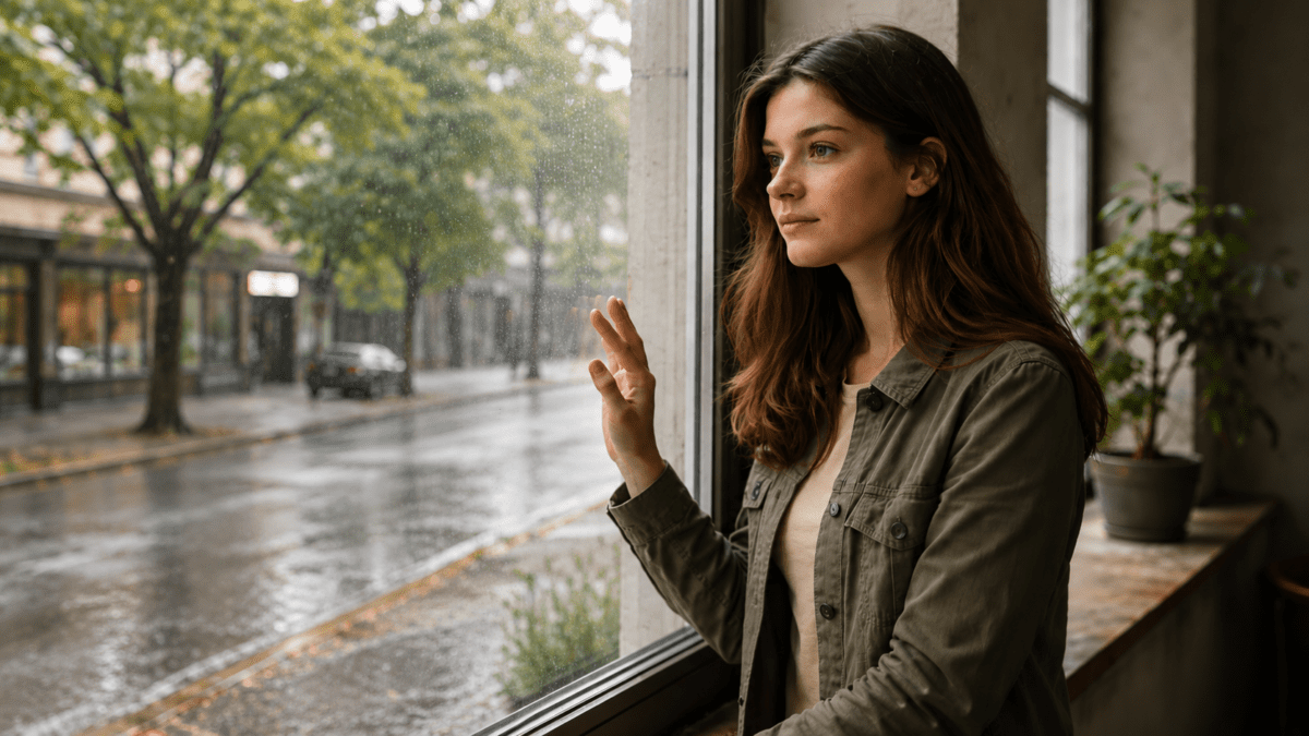 Woman standing by rainy window hand on glass listening to herself — when pulling away is the right choice