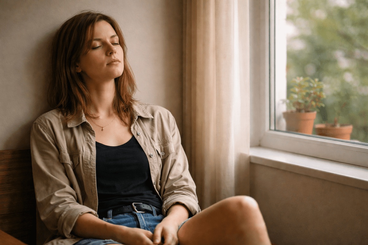Woman sitting alone by sunlit window with eyes closed resting against wall — Earth element K-Saju