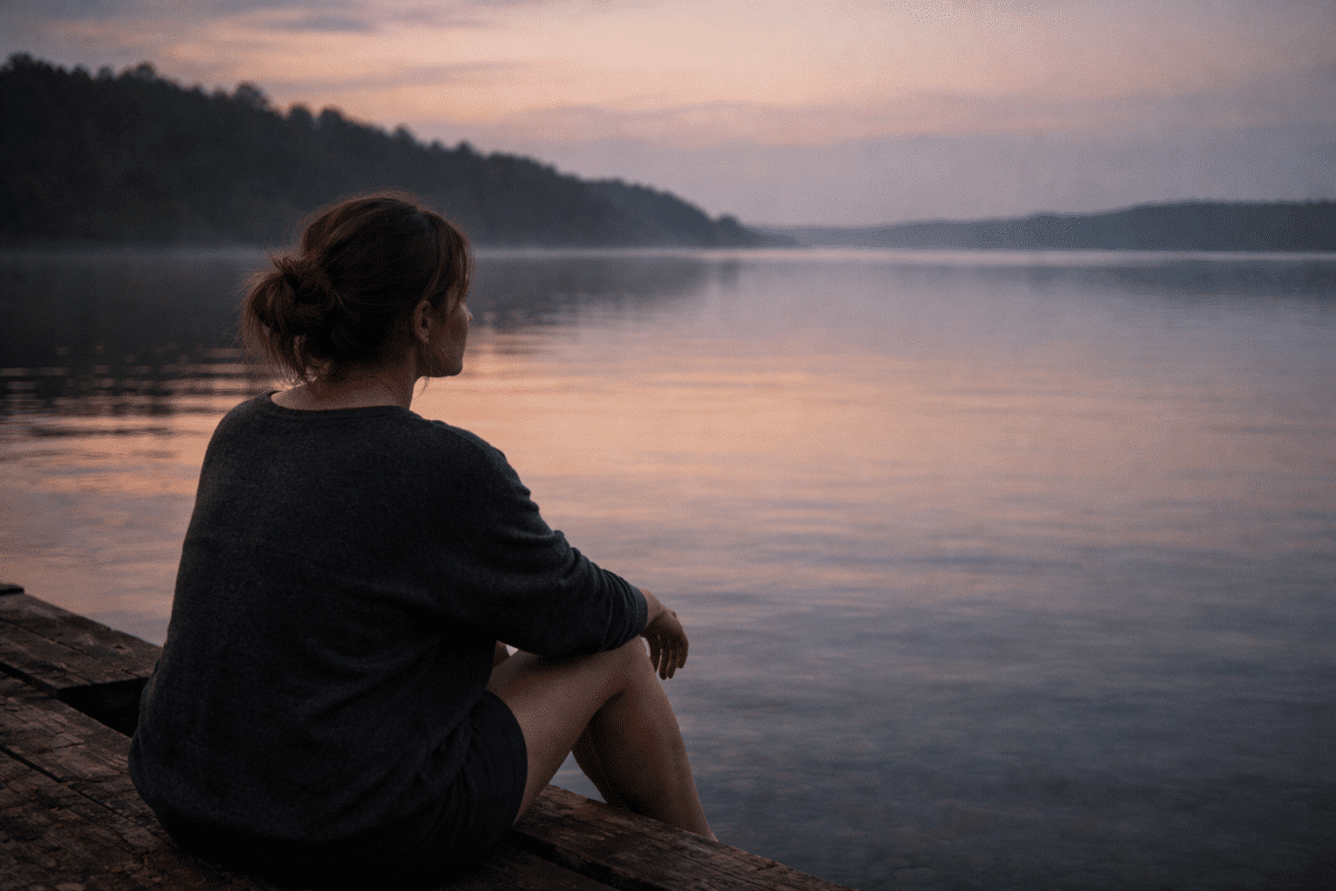 Woman sitting alone on dock gazing at still lake at dusk — Water element K-Saju