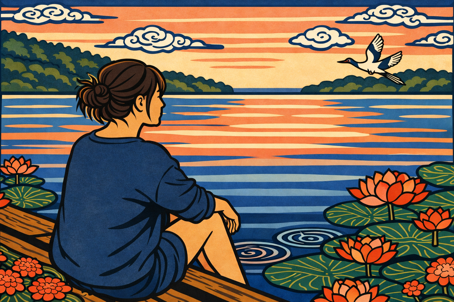 Illustrated woman sitting by lotus lake at sunset with crane flying — Water element K-Saju