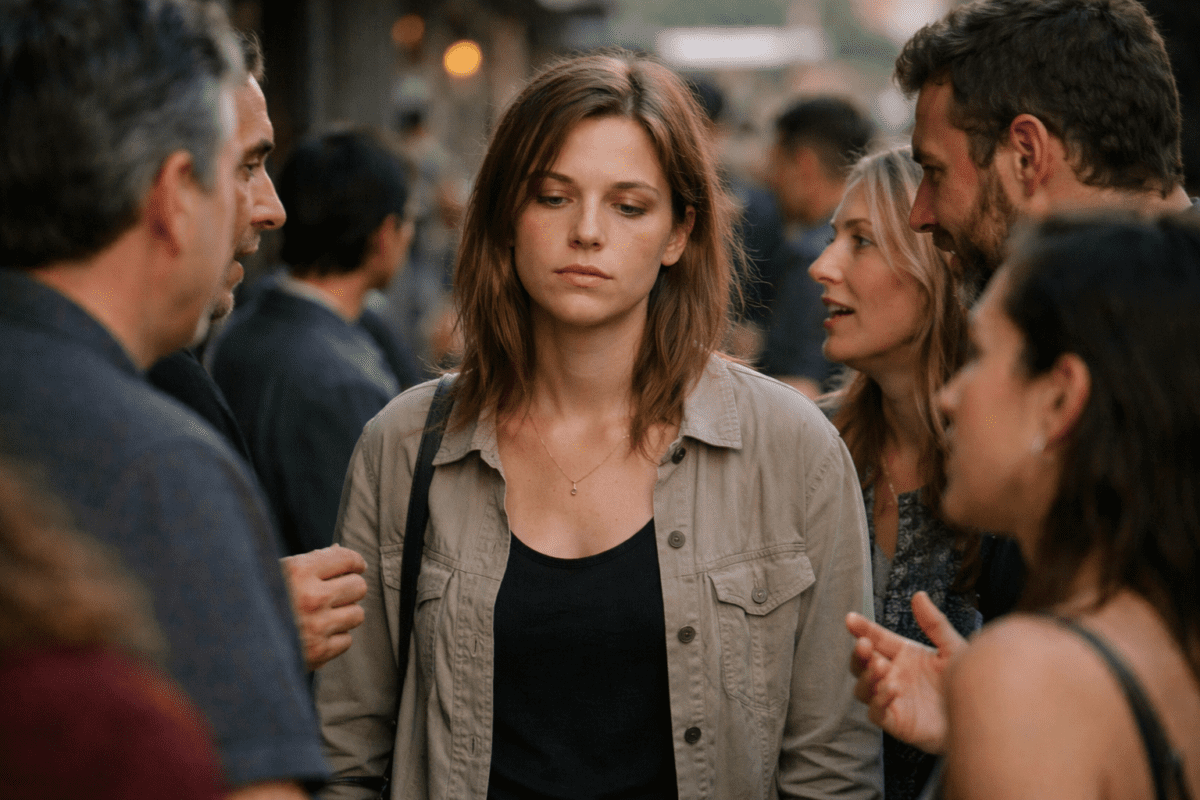 Woman surrounded by crowd looking down exhausted — Earth element K-Saju