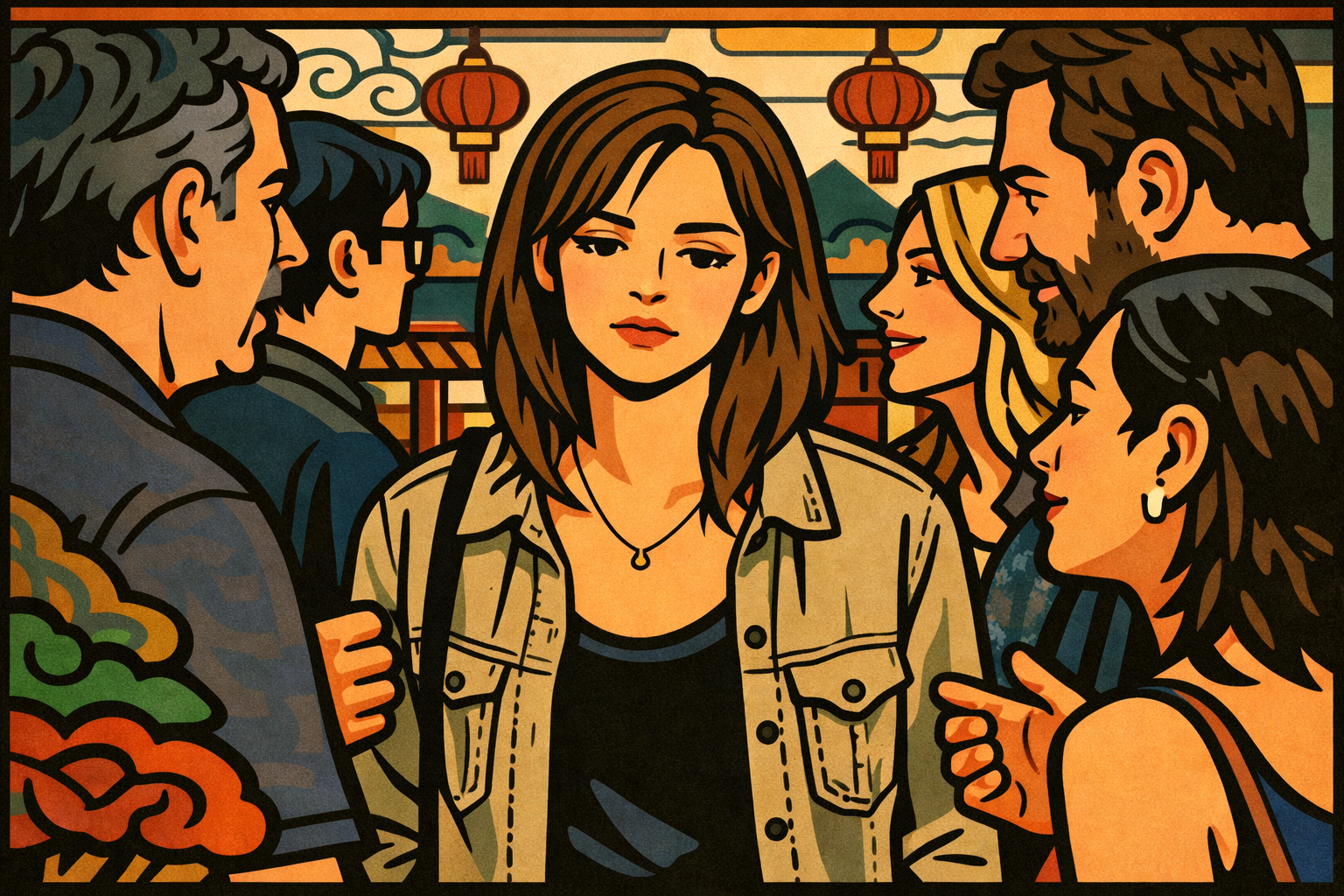 Illustrated woman standing in crowd surrounded by people looking drained — Earth element K-Saju