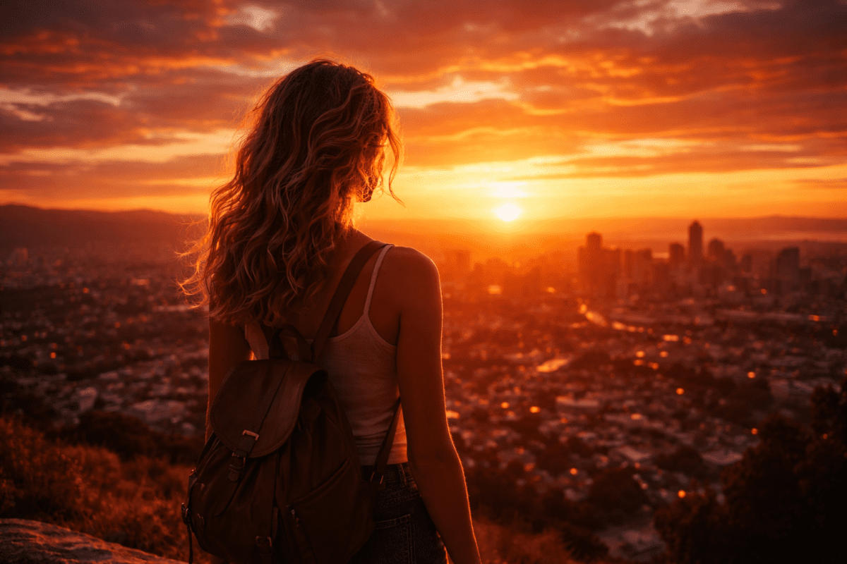 Woman overlooking city at sunset — Fire element K-Saju