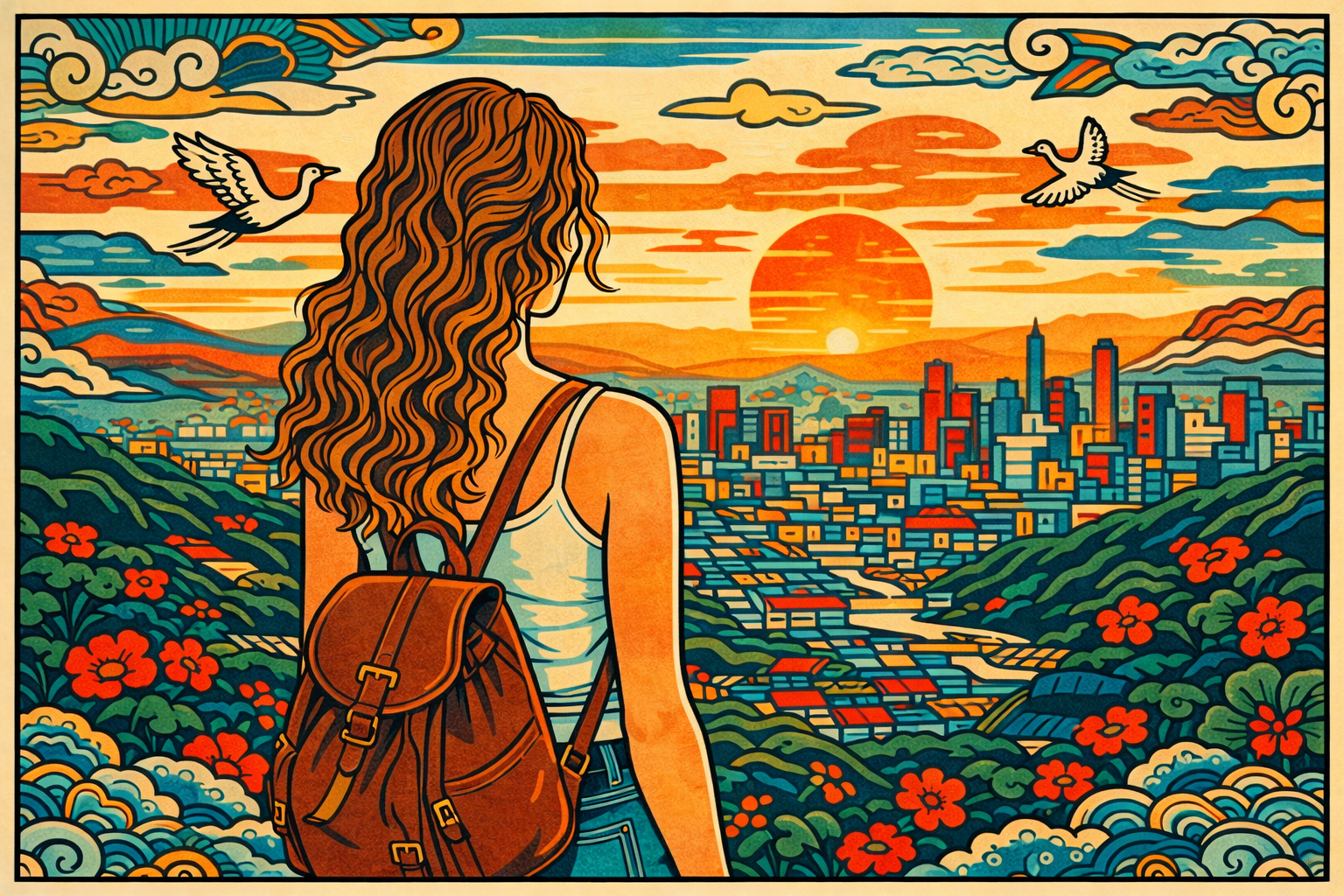 Illustrated woman overlooking city at sunset with birds — Fire element K-Saju