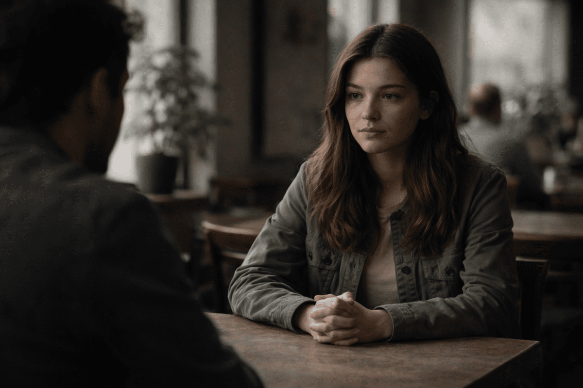 Woman sitting contracted at table while other speaks — situations that deserve distance