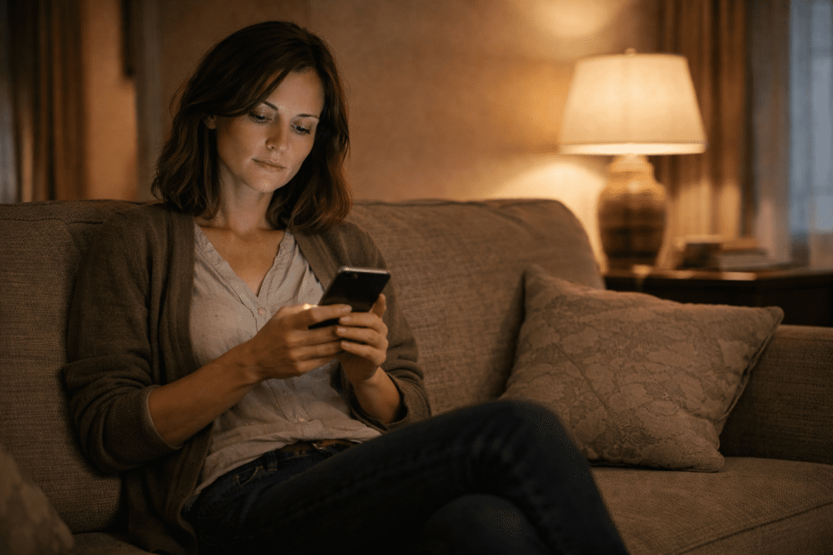 Woman on couch checking phone at night — almost relationship pattern