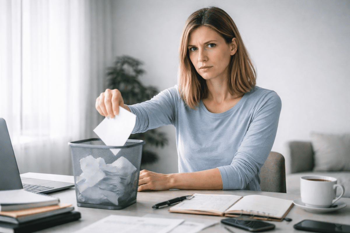 Woman discarding paper into trash bin at desk with determined expression — Metal element K-Saju