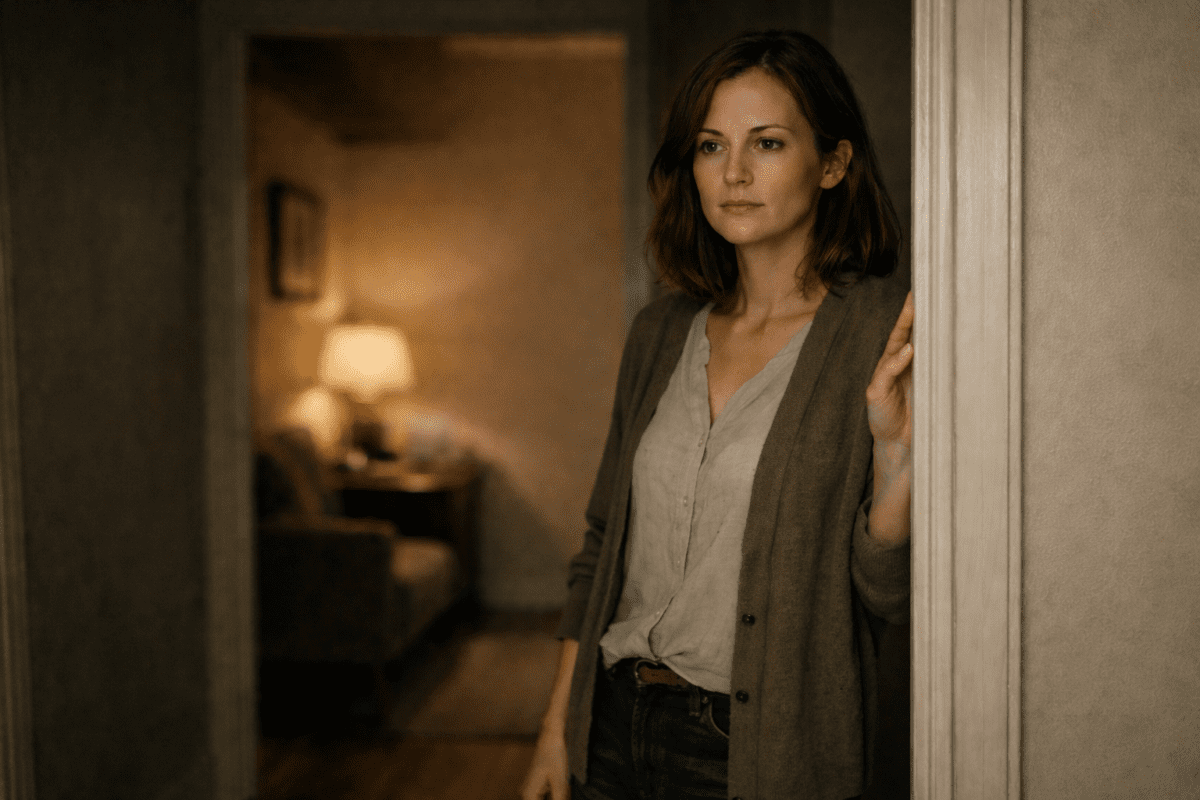 Woman standing in doorway hand on frame, not stepping inside — type you keep almost choosing