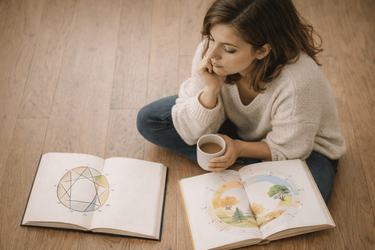 MBTI and timing — woman on floor with two open books showing personality diagram and seasonal cycle