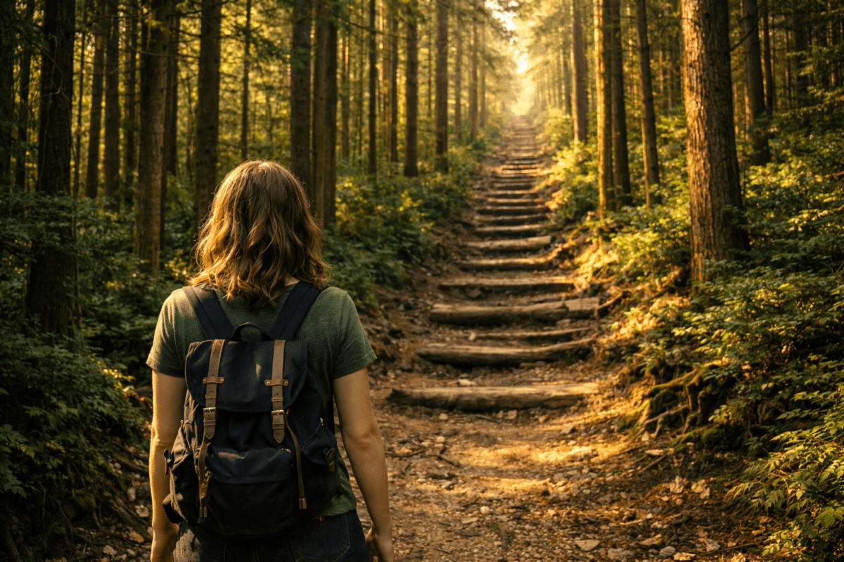 Woman with backpack walking toward a sunlit forest stairway — Wood element K-Saju
