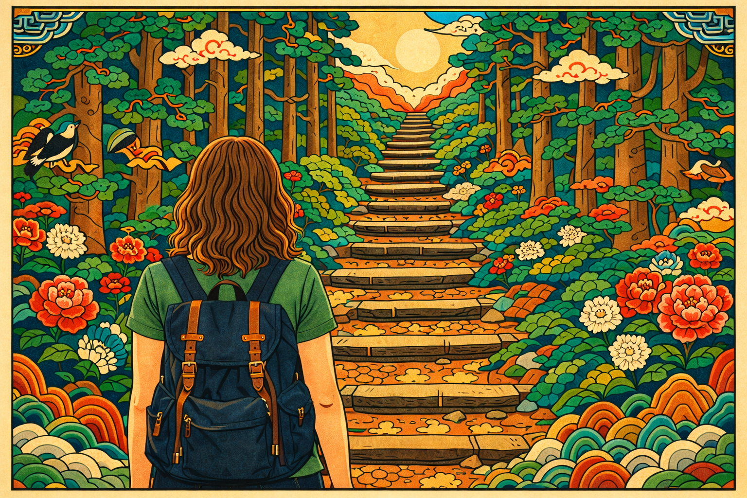 Illustrated woman standing before an uphill forest path — Wood element K-Saju