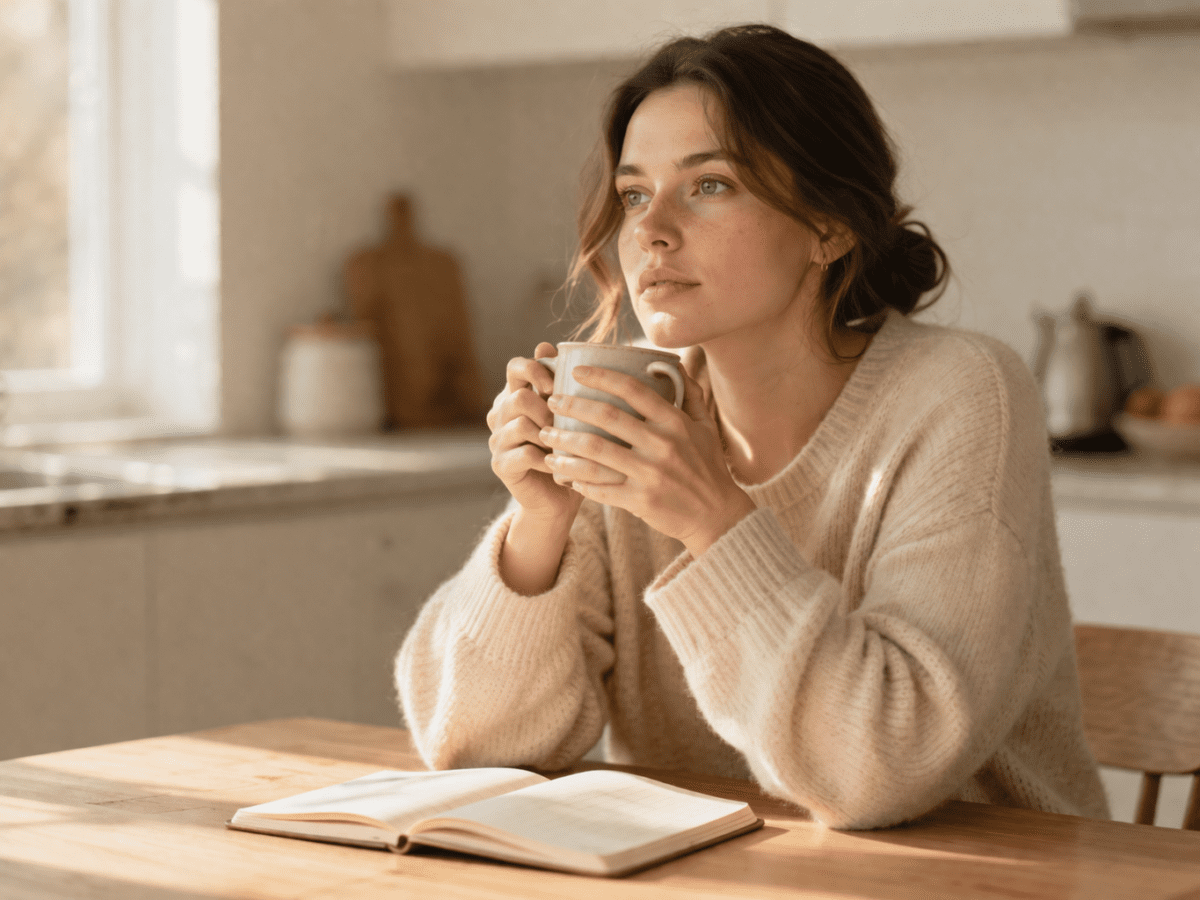 MBTI and timing — woman sitting at kitchen table holding coffee cup, thoughtful morning mood