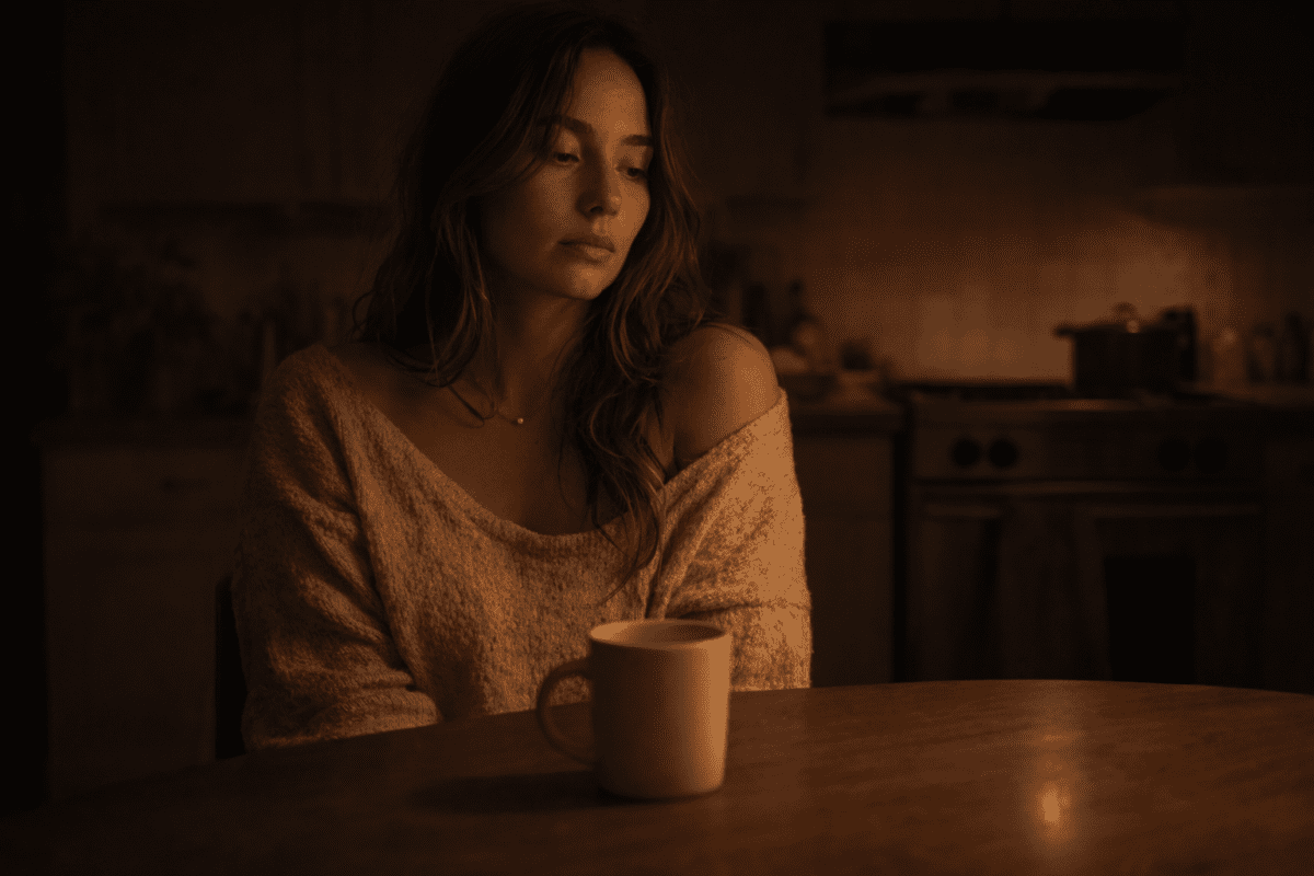 A woman sitting alone at a kitchen table at night, eyes downcast, a mug in front of her