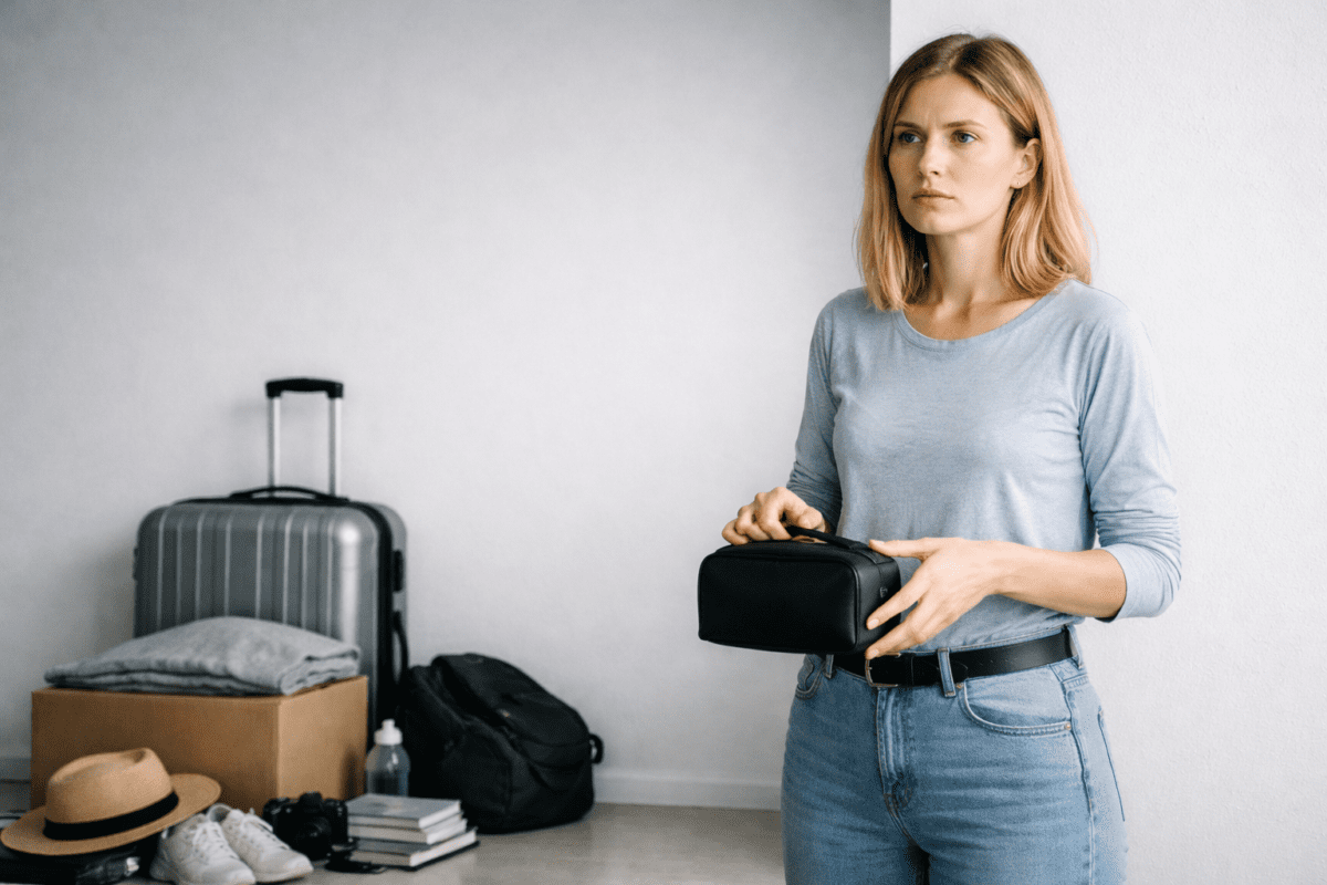 Woman holding bag hesitating while packing luggage in minimal room — Metal element K-Saju
