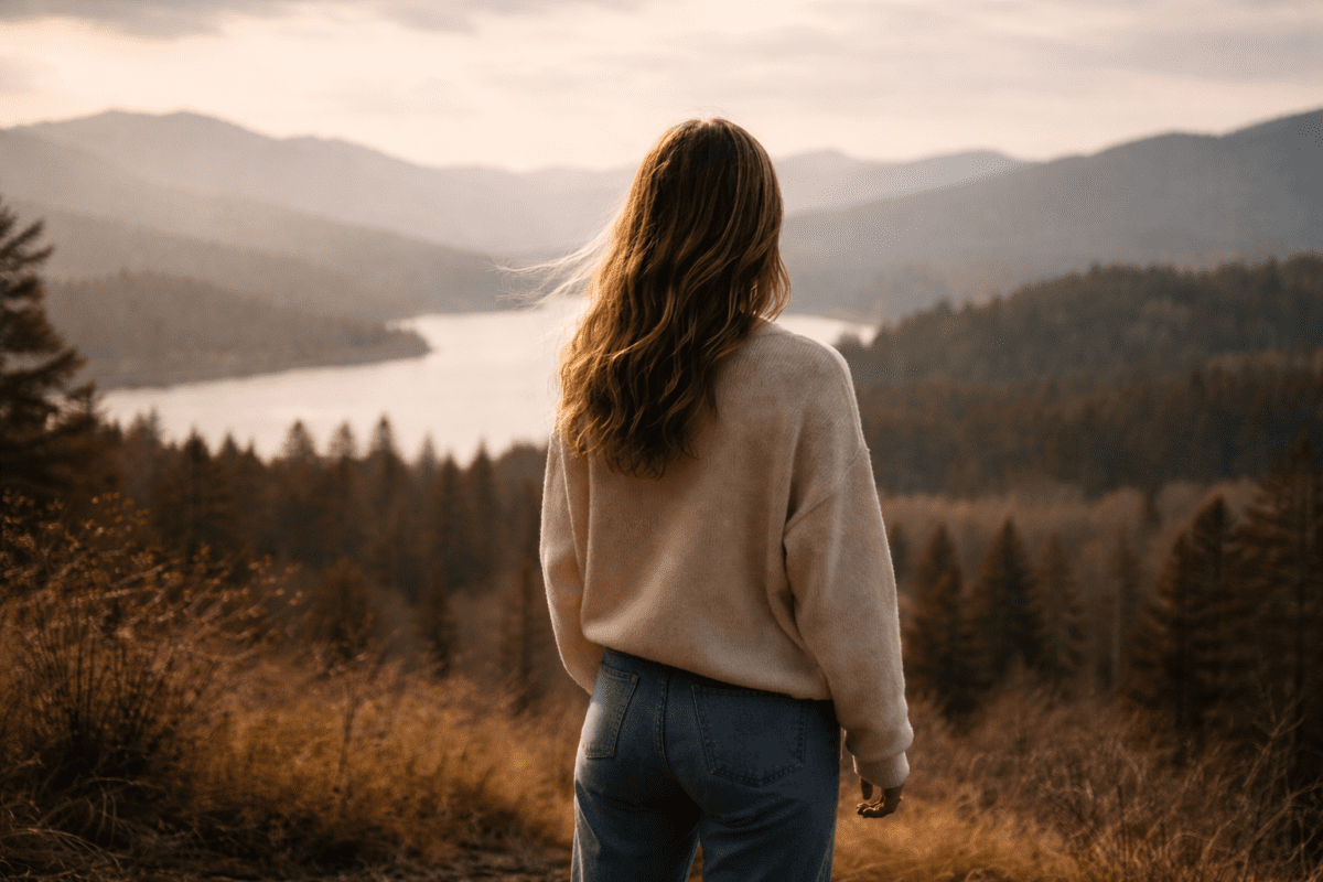 five elements K-Saju — woman standing before a vast landscape of mountains and lake, reading the forces that shape her life's direction