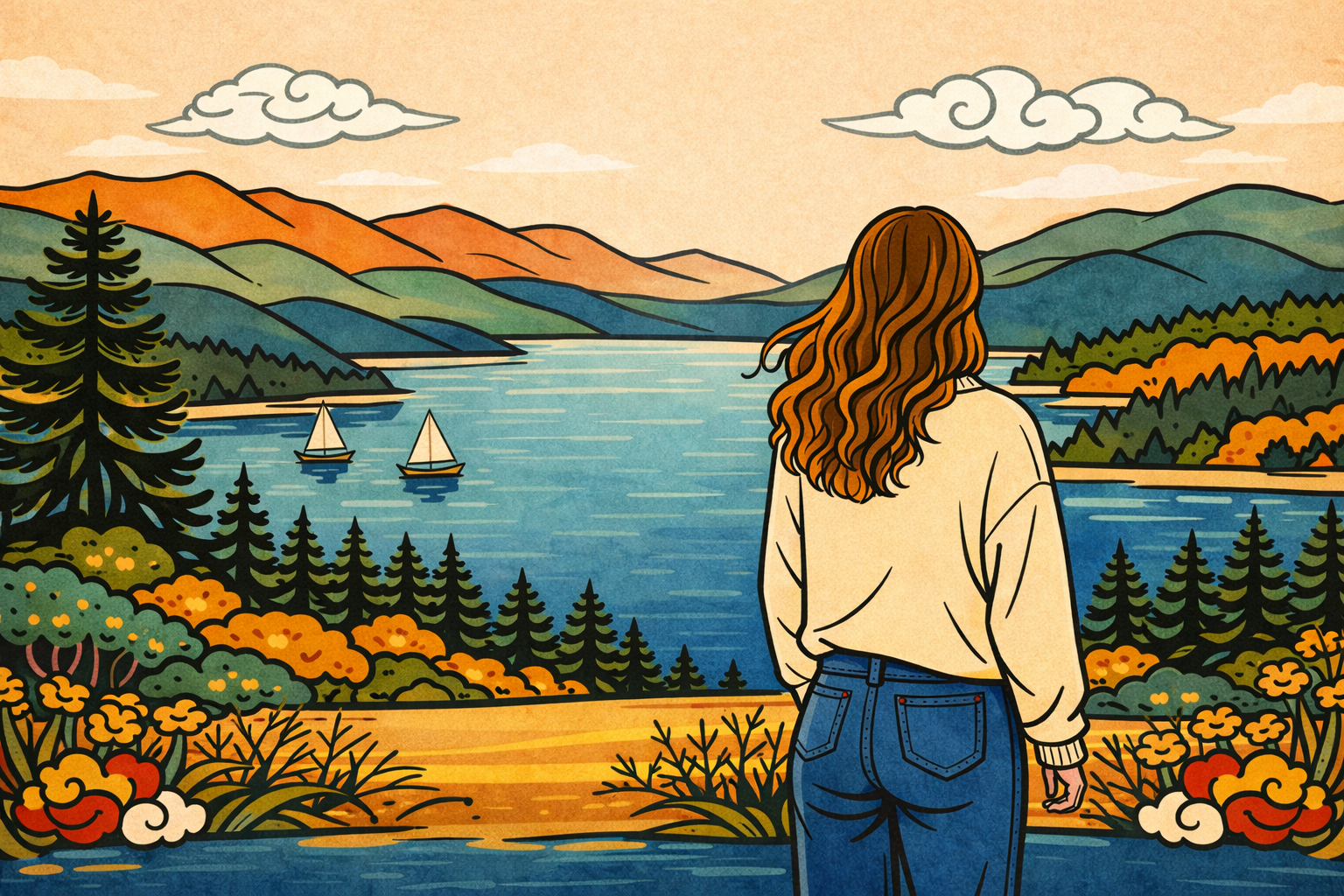 `five elements K-Saju — illustrated woman overlooking a lake and mountain landscape in Korean folk art style`