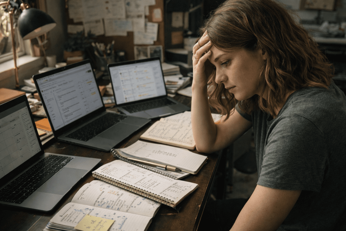 Woman overwhelmed at desk with multiple laptops and notebooks — Wood element K-Saju